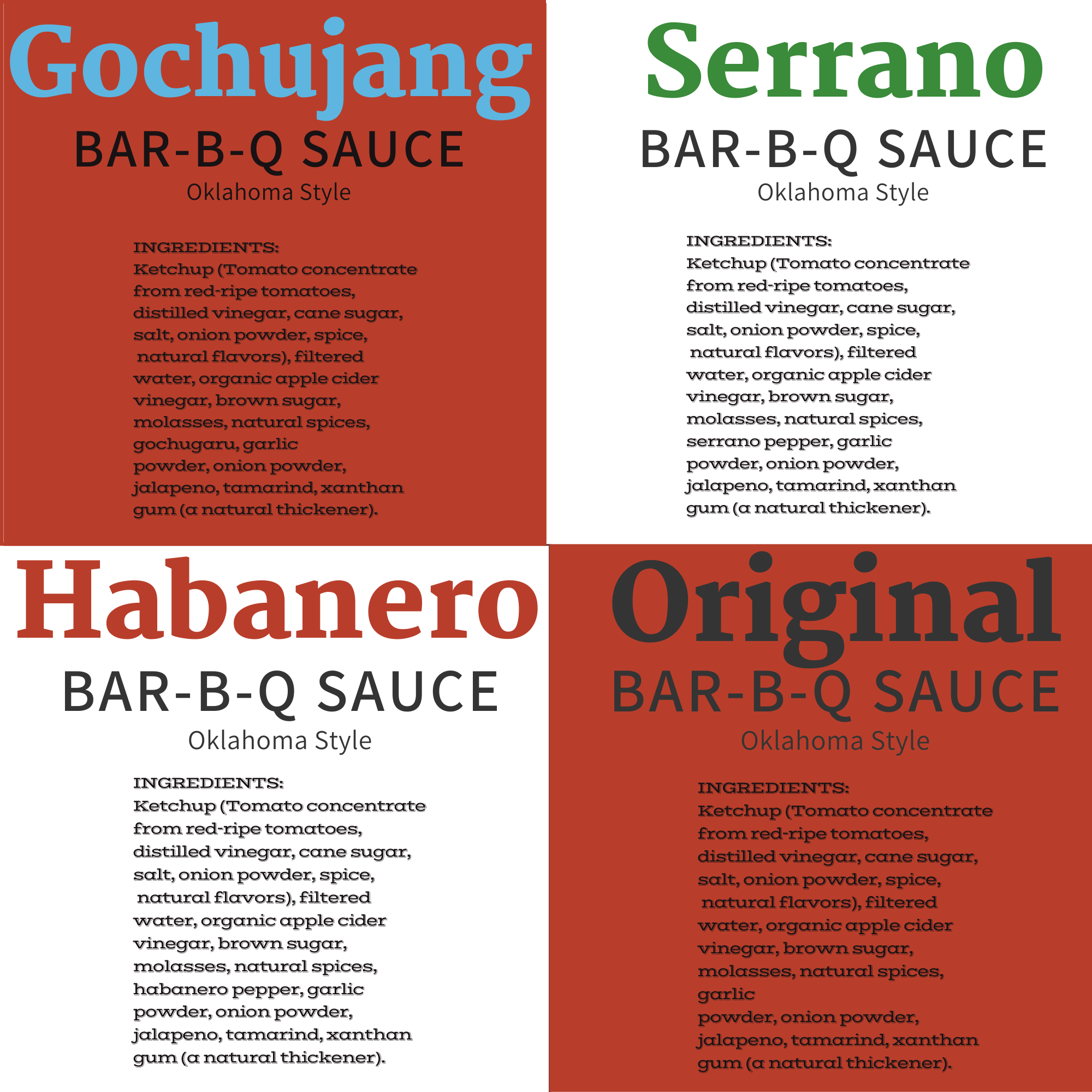 Okie Bo's BAR-B-Q Sauce 4 Pack - 1 Original, 1 Habanero, 1 Smoked Serrano, 1 Gochujang