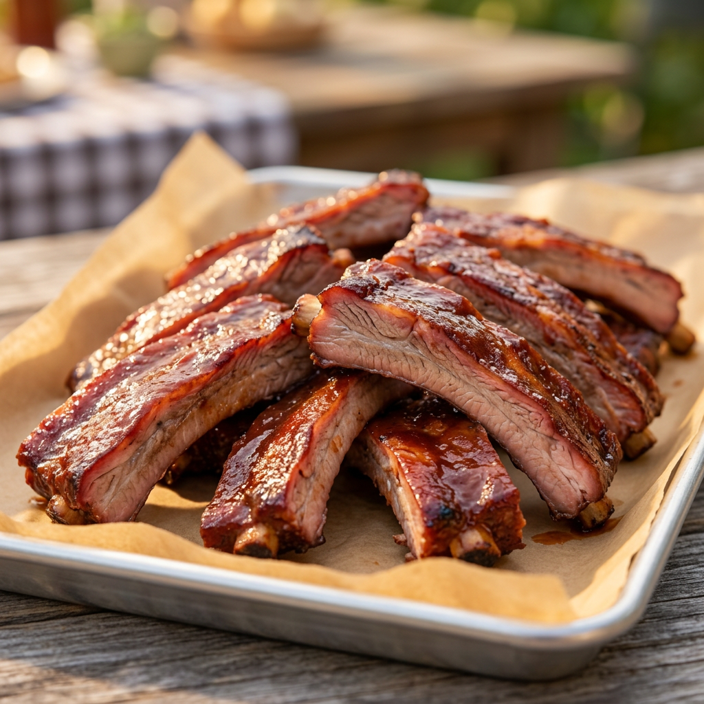 Barbecue ribs served on a parchment-lined silver tray