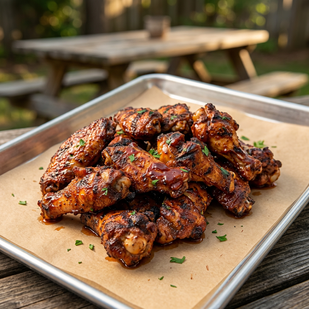 Barbecue chicken wings served on a parchment-lined silver tray