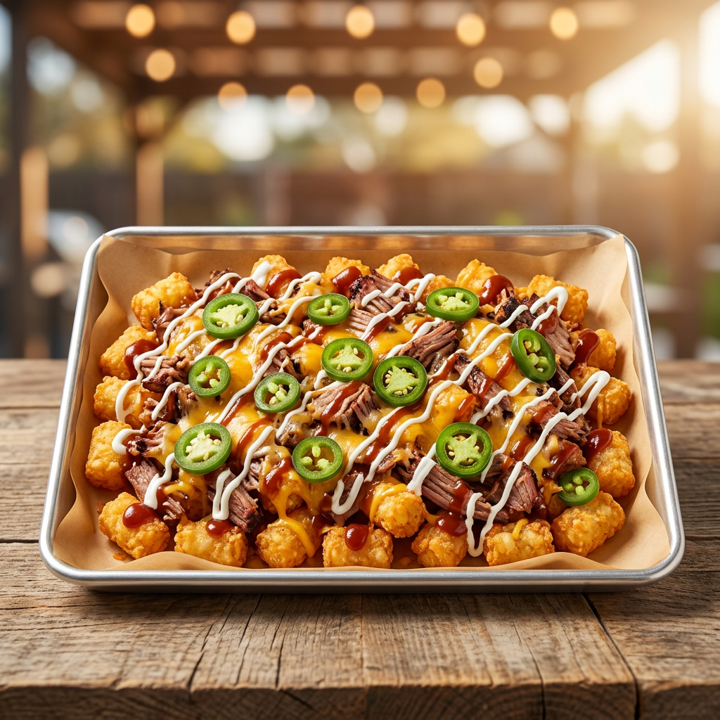 Loaded tater tots topped with brisket, cheese, jalapeños and barbecue sauce on a parchment-lined tray
