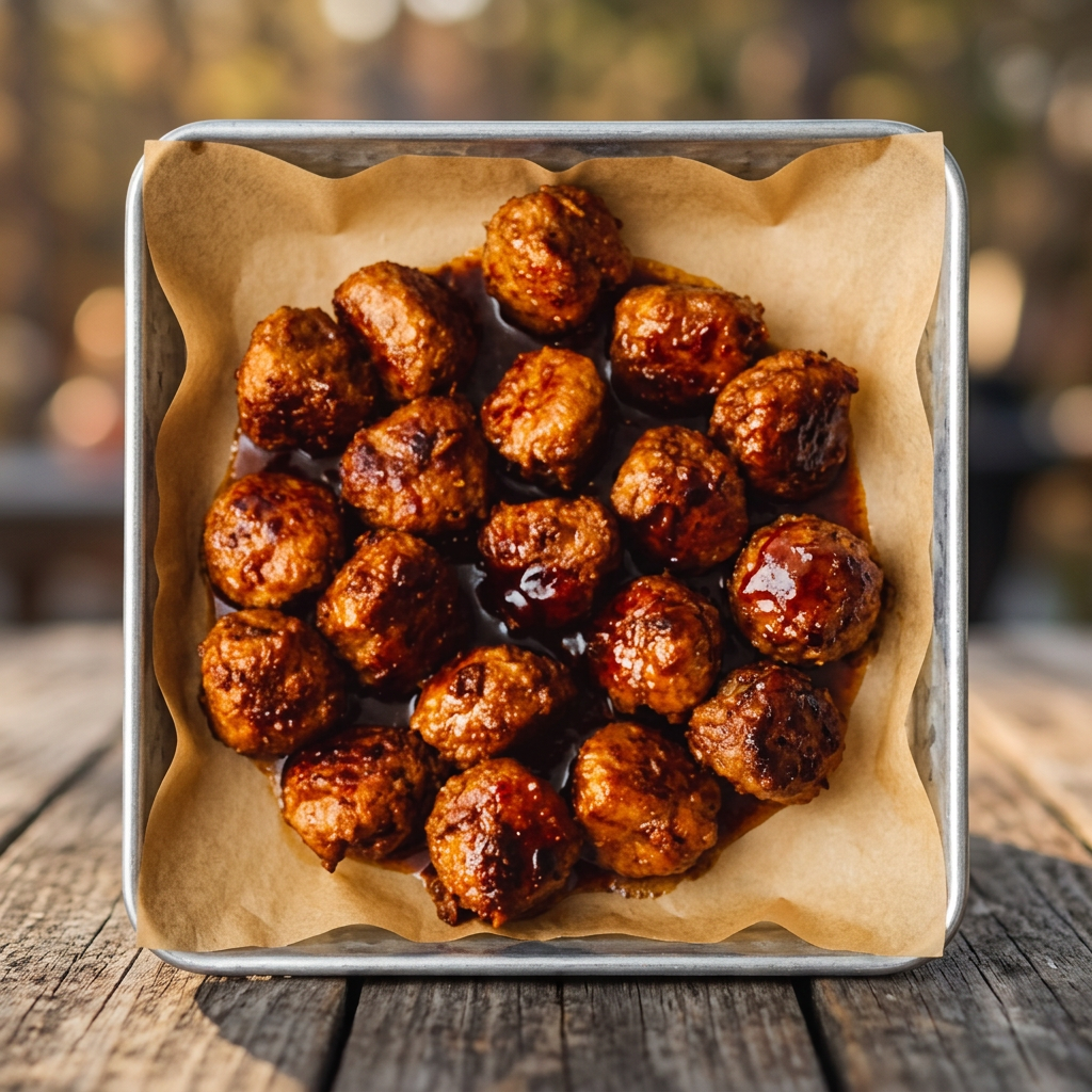 Barbecue meatballs served on a parchment-lined silver tray
