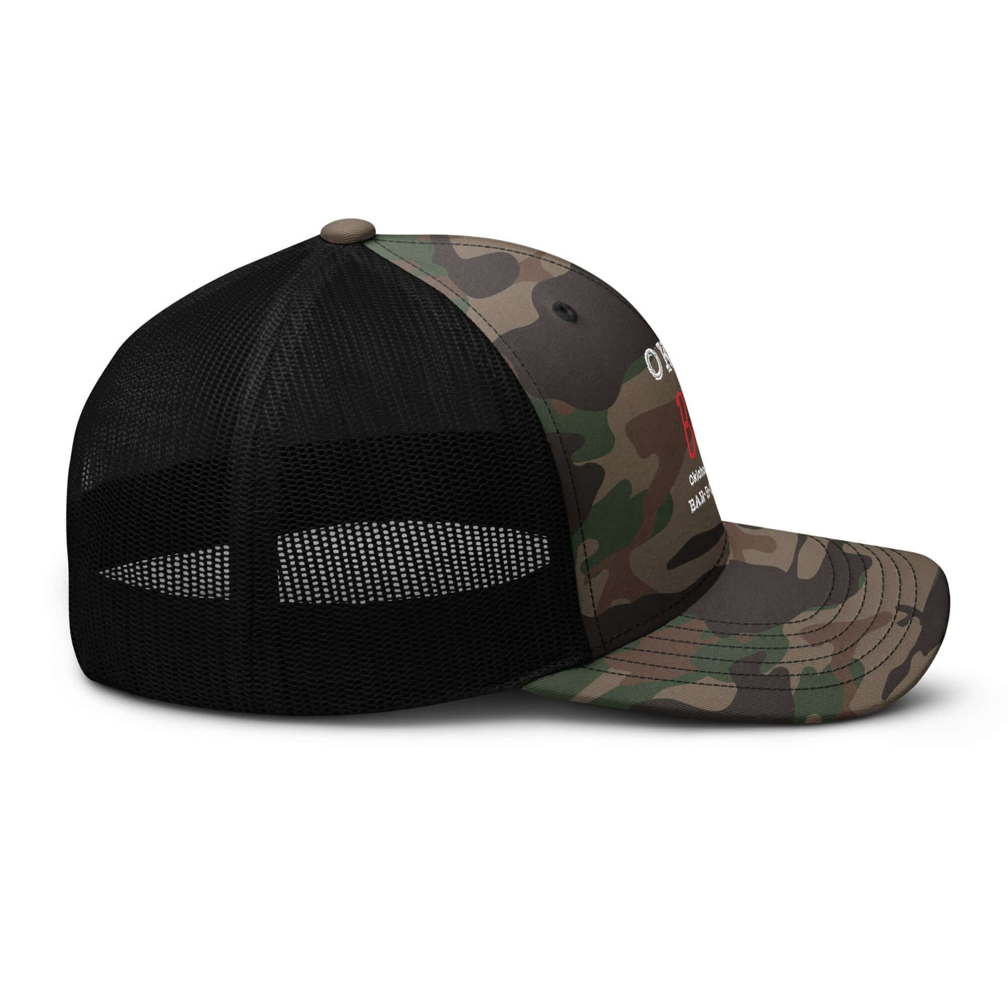 Okie Bo's Sauce camo trucker hat in green camouflage with black mesh back side view