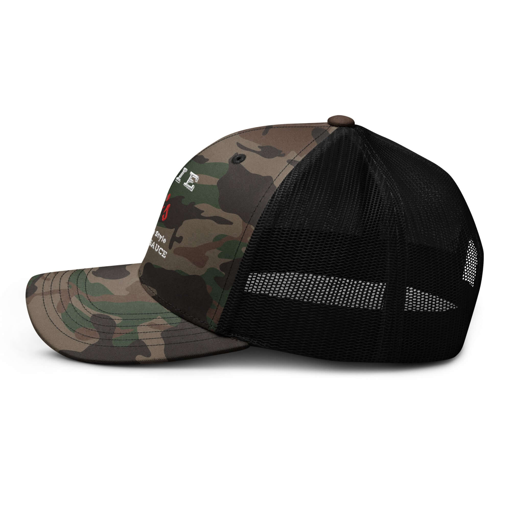 Okie Bo's Sauce camo trucker hat with camouflage front and black mesh back side view