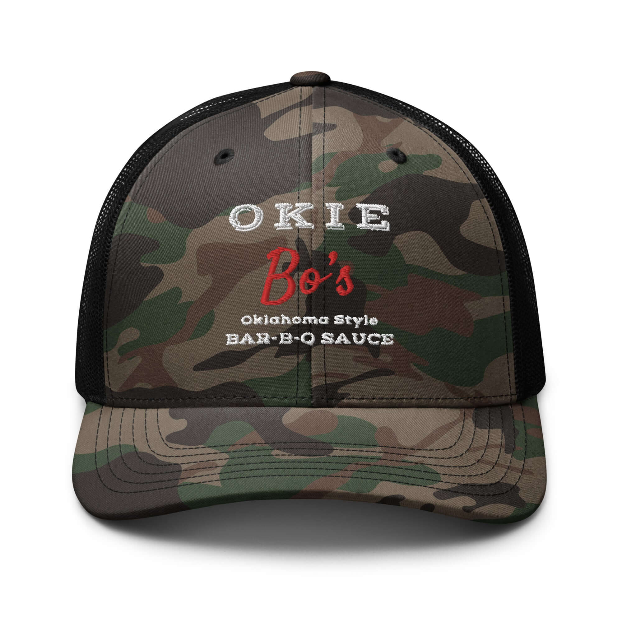 Okie Bo's Sauce camo trucker hat with Oklahoma Style Bar-B-Q Sauce logo front view