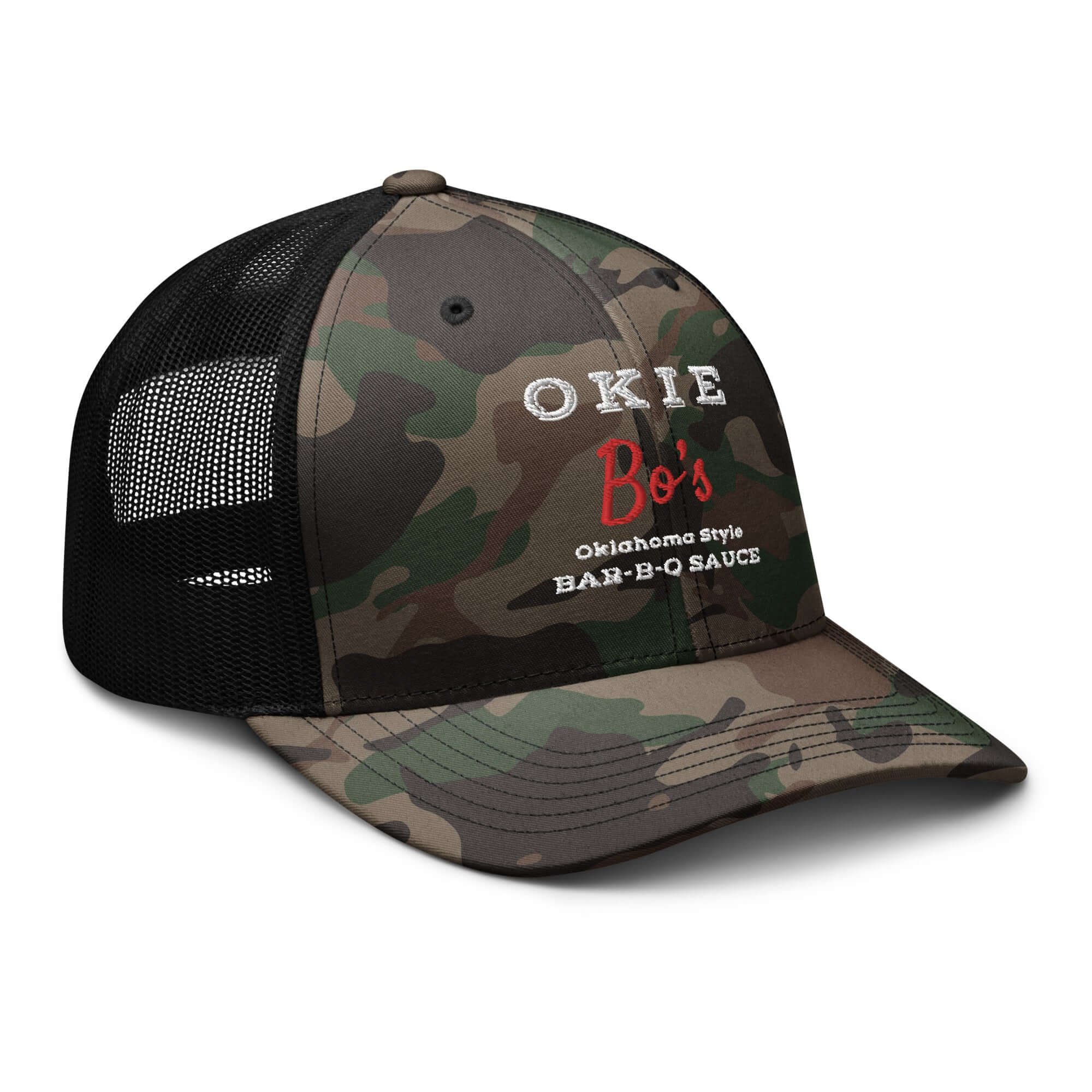 Okie Bo's Sauce camo trucker hat with Oklahoma style BBQ sauce logo front view