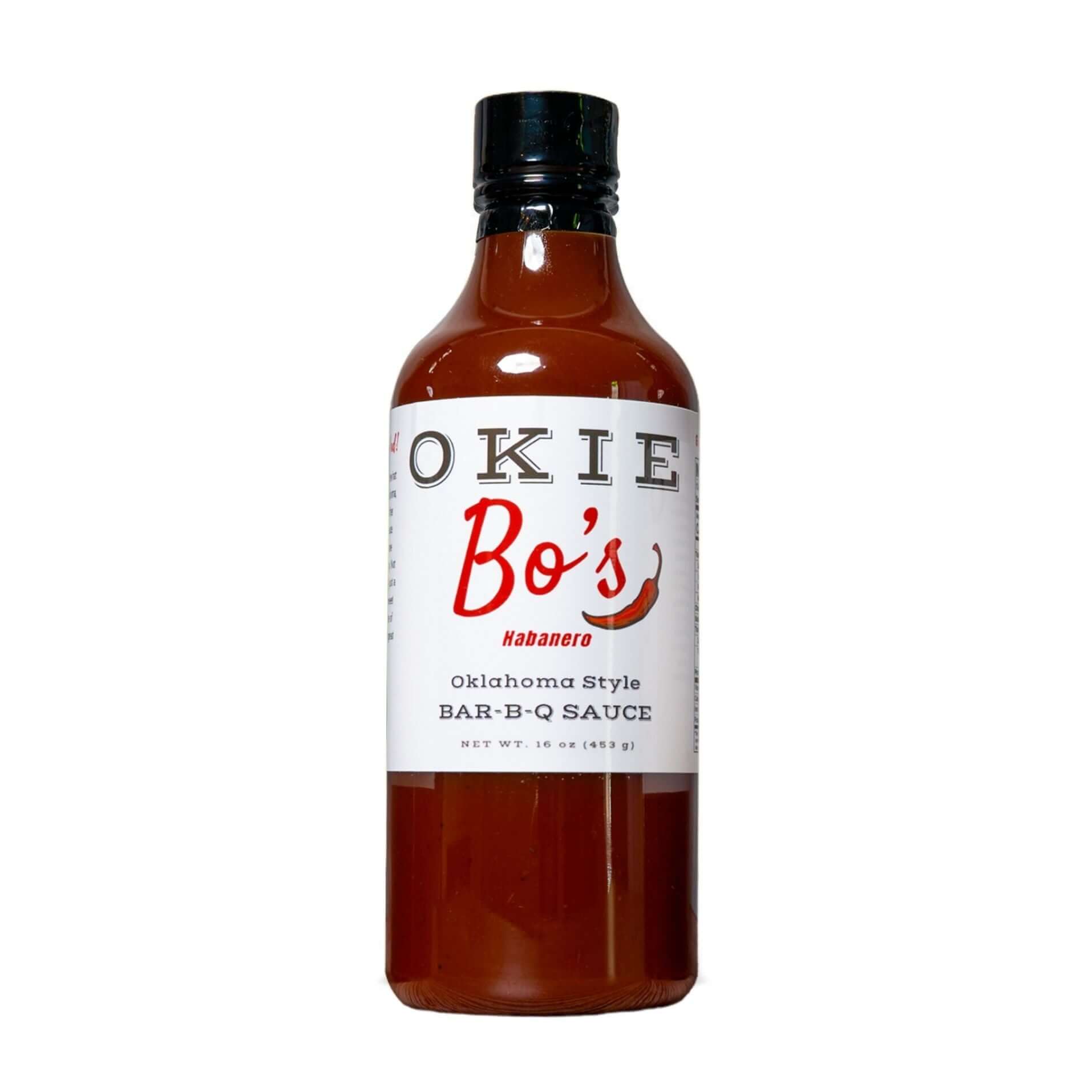 Okie Bo's Sauce habanero BBQ sauce 16oz bottle front view with black cap and white label