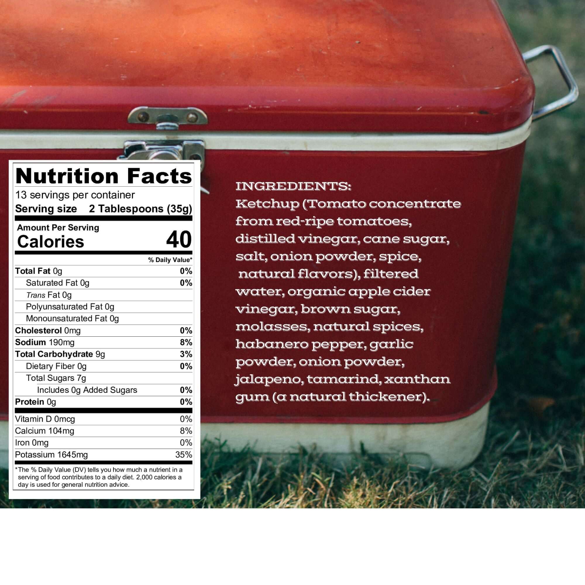 Okie Bo's Sauce habanero BBQ sauce nutrition facts and ingredients label close-up on red cooler