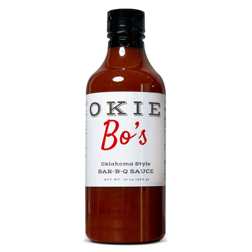 Okie Bo's Oklahoma style BBQ sauce bottle 16 oz front view with black cap and white label