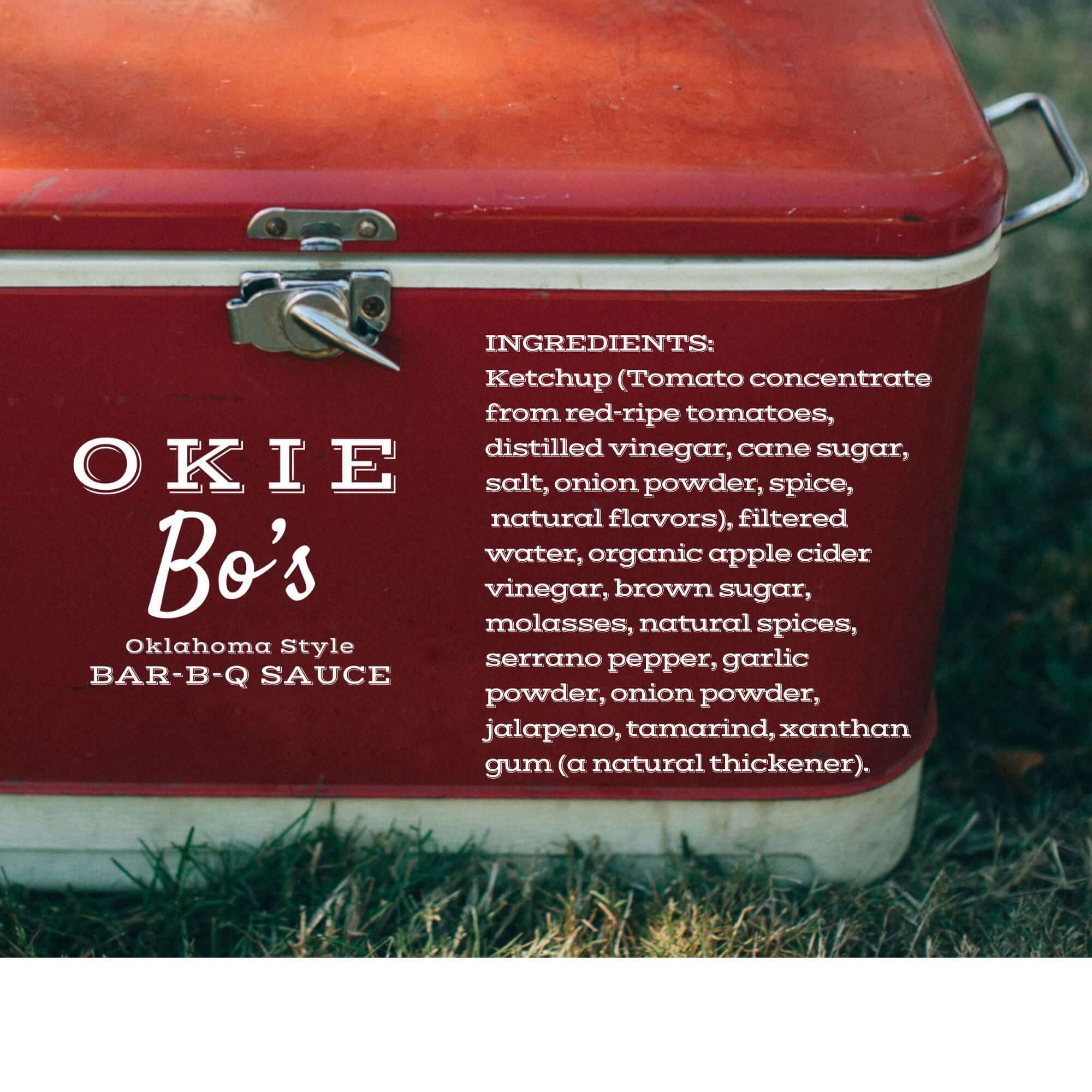 Okie Bo's Oklahoma style BBQ sauce ingredients label on red vintage cooler side view