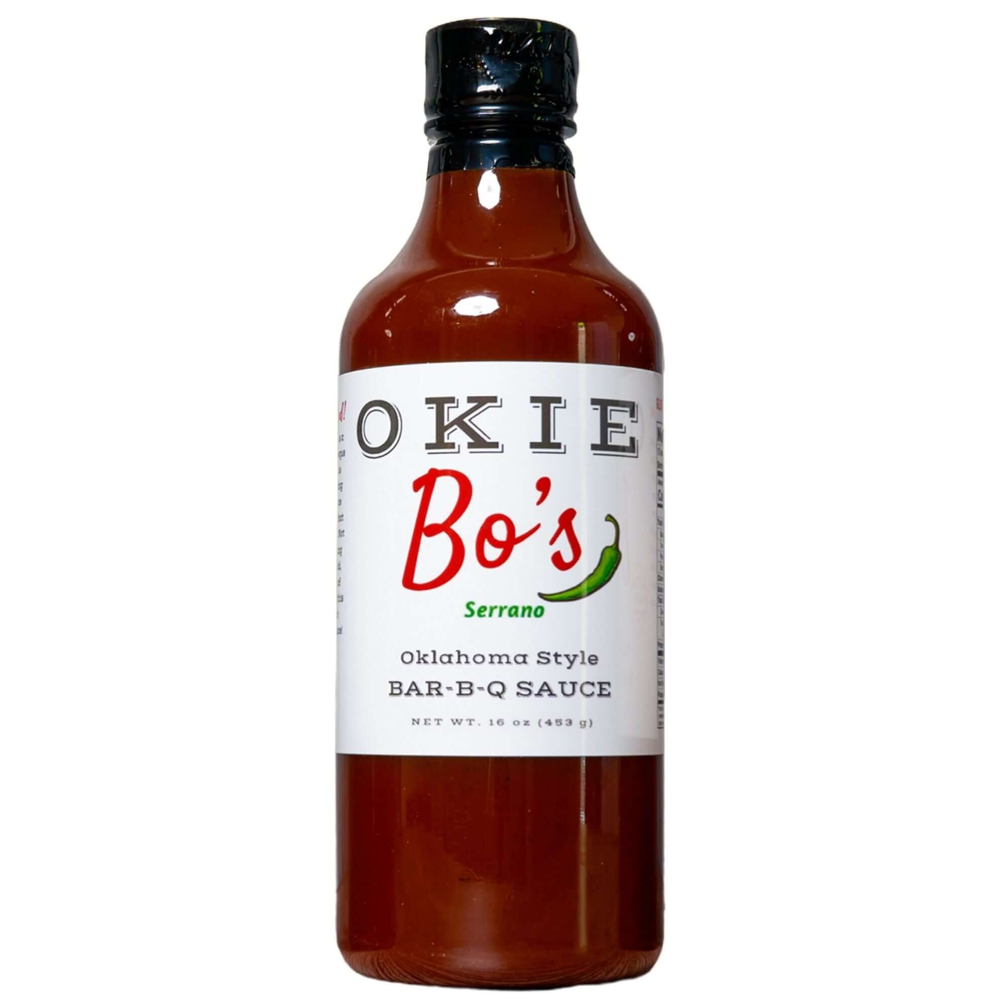 Okie Bo's Sauce 16 oz serrano barbecue sauce bottle front view